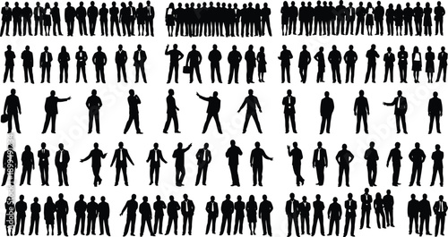 Silhouettes of businesspeople in varied poses including walking, standing, gesturing, and conversing in multi-row layout