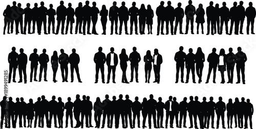 Silhouettes of people in three-row layout showing diverse group poses and social interaction gestures
