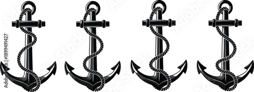Silhouettes of four identical anchors with rope wrap in horizontal layout for nautical and maritime design themes