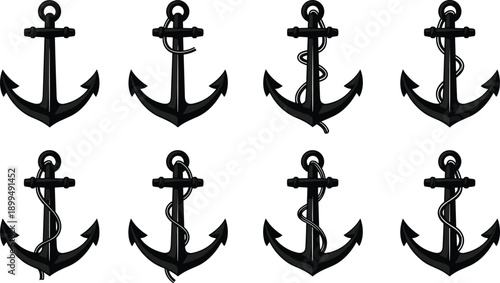 Silhouettes of anchors with varied rope arrangements in two-row grid layout for nautical and maritime design themes