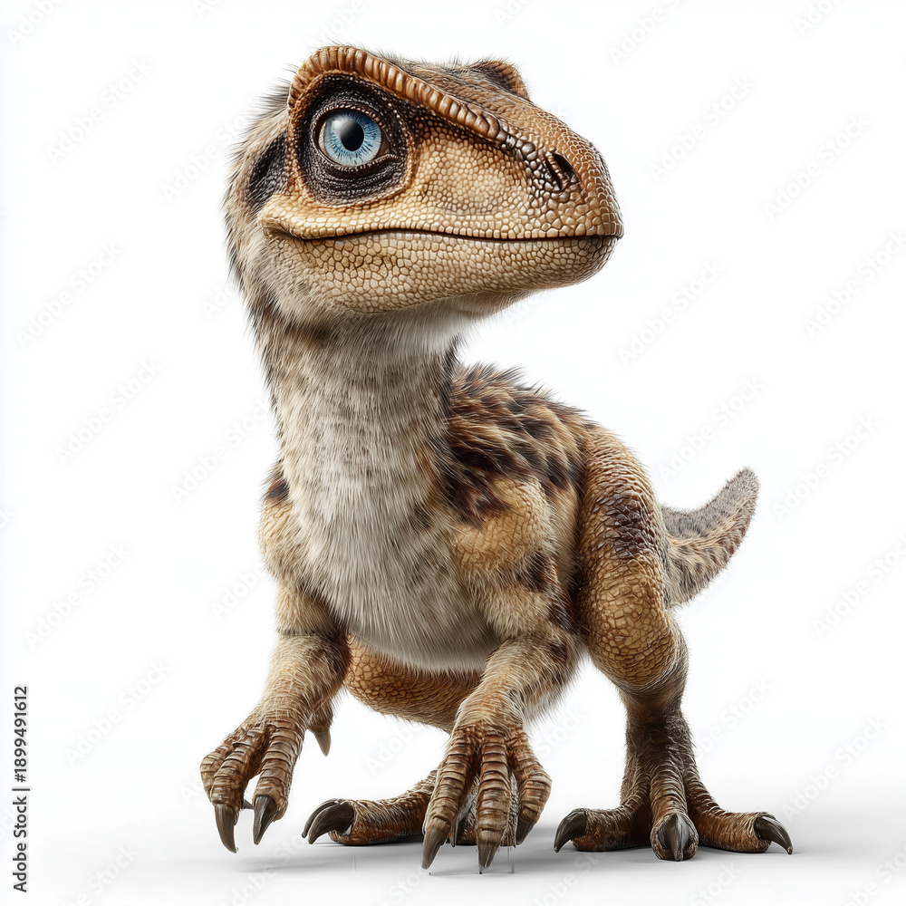 Obraz premium An endearing, digitally rendered baby velociraptor with captivating blue eyes gazes inquisitively at the camera, standing confidently on a brilliant white background.