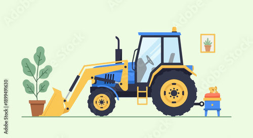 A blue and yellow tractor with a loader sits beside a potted plant and a small animal