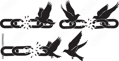 Birds Breaking Free from Chains in Black Silhouette Style