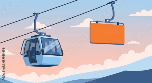 A blue cable car travels through a pastel sky above snowy hills