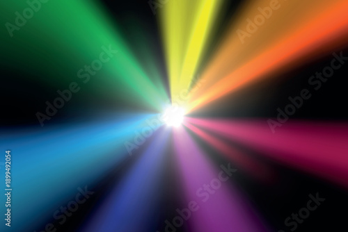 Radiant white lightburst with multicolor rays on dark dramatic background