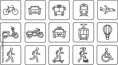 Transportation and mobility icons including vehicles, pedestrian movement, and assisted travel in black outlined grid layout