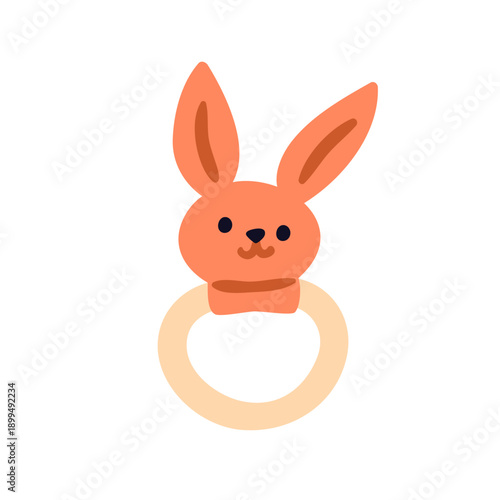 Teething ring. Cute bunny toy, teether for baby, newborn kids. Rabbit with long ears, chewing rubber accessory for infant gums, toddler. Flat vector illustration isolated on white background