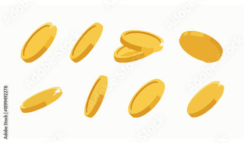 Gold Coins at Different Angles Flat Vector Sticker Style Icon Set Isolated on White