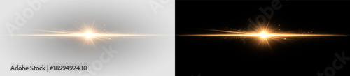 Golden horizontal light flare with glowing energy beam radiant sparkle and abstract cosmic shine vector illustration on transparent background