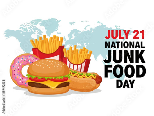 National junk food day assortment with world map background