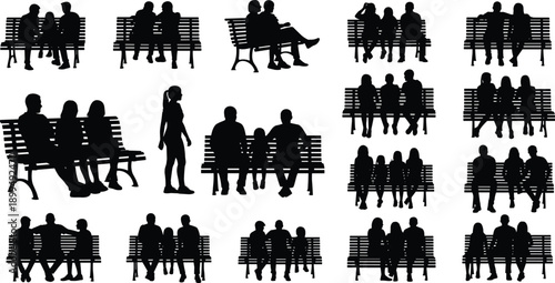 Silhouettes of people sitting on park benches in varied groupings and postures across 18 social arrangements