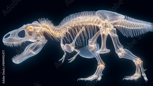 A luminous, transparent skeleton of a Tyrannosaurus Rex glows with an ethereal light against a dark, mysterious background, showcasing its intricate bone structure.