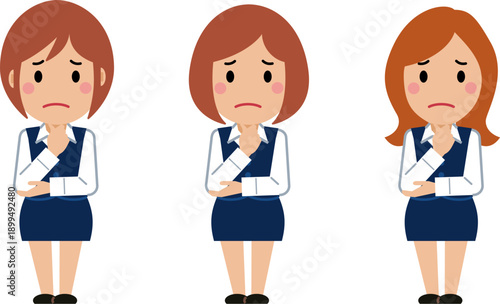 あごに手を当て悩み顔。ネイビー事務服の若い女性