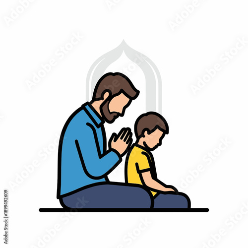 Father and Son Praying Together Kneeling.