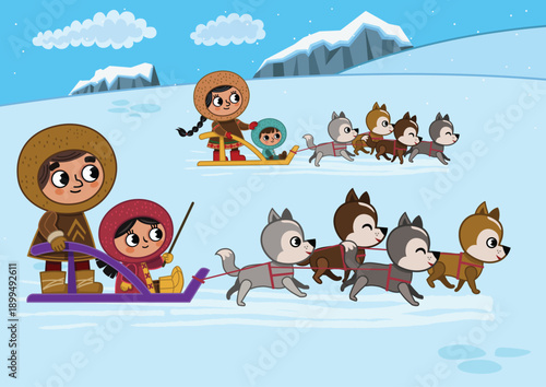 Arctic Family Dog Sled Clipart – North Pole Winter Illustration.A heartwarming illustration of an Arctic family traveling together by dog sled across a snowy North Pole landscape. 