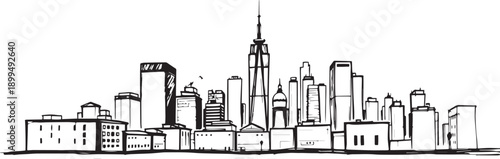 City landscape. Different buildings on street, outline cityscape hand sketch, flat houses. Hand drawn vector illustration