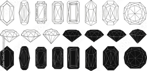 Faceted gemstone and diamond shapes collection, geometric crystal outlines and solid forms, black and white vector elements for jewelry and luxury design