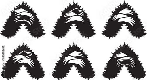 Set of six identical black and white animal silhouettes