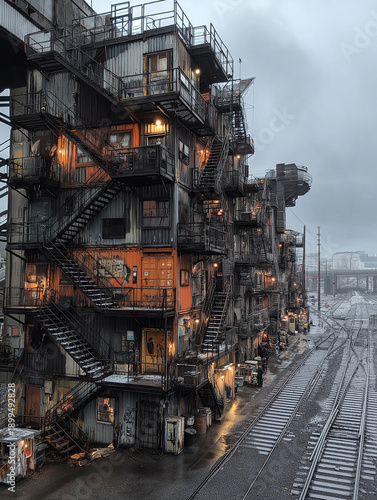 AI generator images of AI generator images of Traditional or industrial architectural design concepts; Container architecture: often located near industrial areas or railways to create a unique atmosp
