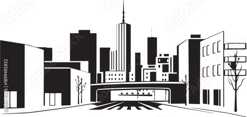 City landscape. Different buildings on street, outline cityscape hand sketch, flat houses. Hand drawn vector illustration