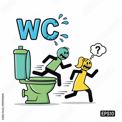 PrintCartoon man and woman racing urgently to the toilet wc