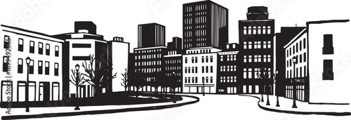 City landscape. Different buildings on street, outline cityscape hand sketch, flat houses. Hand drawn vector illustration