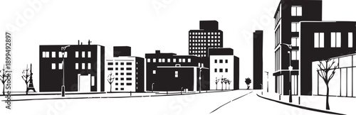 City landscape. Different buildings on street, outline cityscape hand sketch, flat houses. Hand drawn vector illustration