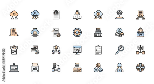 Business Icons Set: Cloud, Data, Management, Strategy, Analysis, HR & Organization