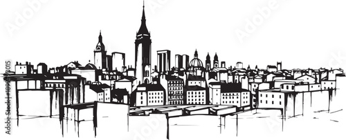 City landscape. Different buildings on street, outline cityscape hand sketch, flat houses. Hand drawn vector illustration