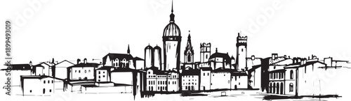 City landscape. Different buildings on street, outline cityscape hand sketch, flat houses. Hand drawn vector illustration