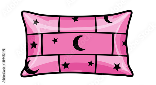 Vibrant pink satin pillowcase with moon and star patterns, isolated against a clean white background