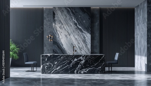 Modern Kitchen Design With Dark Marble Elements and Minimalist Furniture Indoors