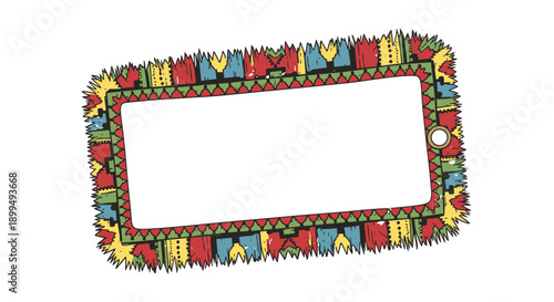 Colorful frayed tag with intricate patterns isolated on white background, featuring vibrant red, yellow, and green geometric designs with a central blank space