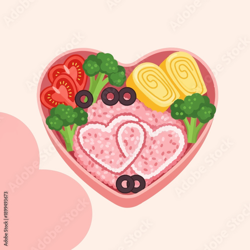 Heart shaped meat dish with vegetables.