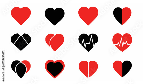 Minimal heart icons black red vector love symbols