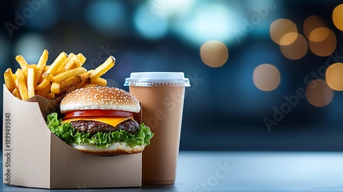 Delicious classic fast food combo meal with cheeseburger, french fries, and a drink ready to be
