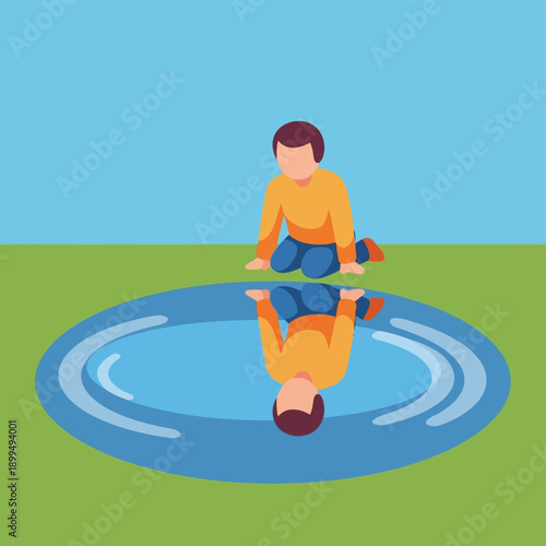 Boy sitting on water surface calmly.