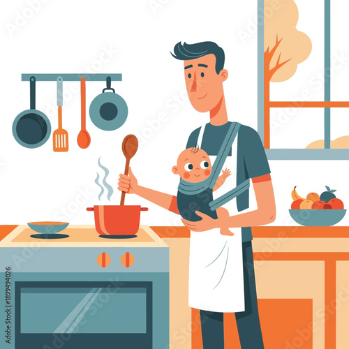 Man cooking with baby on hip.