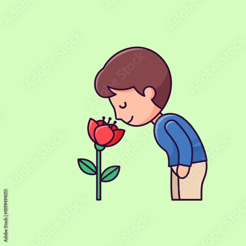 Boy Smelling Red Rose Flower.
