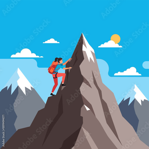 Man climbing steep rocky mountain peak.