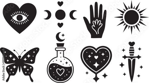 Eye heart moon phases hand sun butterfly potion bottle ornate heart dagger stars