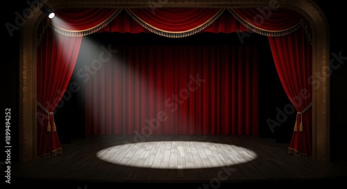 A spotlight shines on a stage with red curtains every mounth during performances at the theater