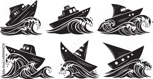 Black and white boats in rough sea vector graphics