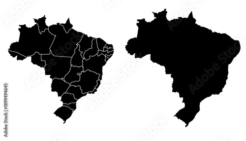 Brazil Map Black Silhouette with Regional Outlines – Editable Layered EPS | Brazil Outline Vector