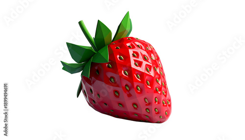 Abstract Low Poly Strawberry with Vibrant Red and Green Colors Isolated on Transparent Background