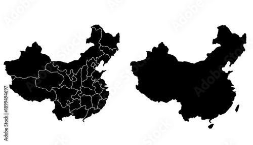 China Map Black Silhouette with Regional Outlines – Editable Layered EPS | China Outline Vector
