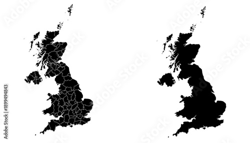 United Kingdom Map Black Silhouette with Regional Outlines – Editable Layered EPS | UK Outline Vector