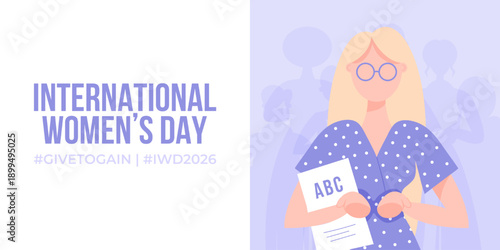 International Women's Day. Give to Gain Campaign 2026. Horizontal Poster with Teacher Woman, Giving Gesture and People Silhuettes Background.