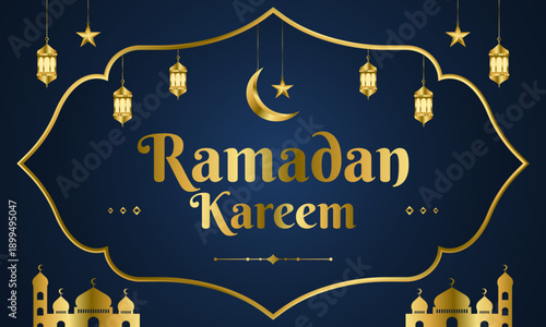 Elegant Ramadan Kareem Greeting Card, Islamic Holy Month Celebration Banner Template with Gold Frame, Lanterns, Mosque, Crescent Moon and Star