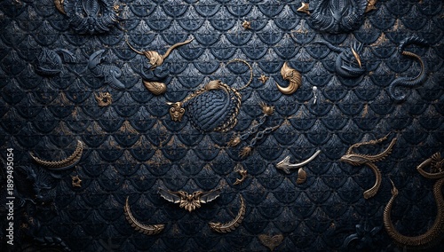 Ornate Wall Decoration Featuring Various Animal Motifs in Dark Tones and Meta...